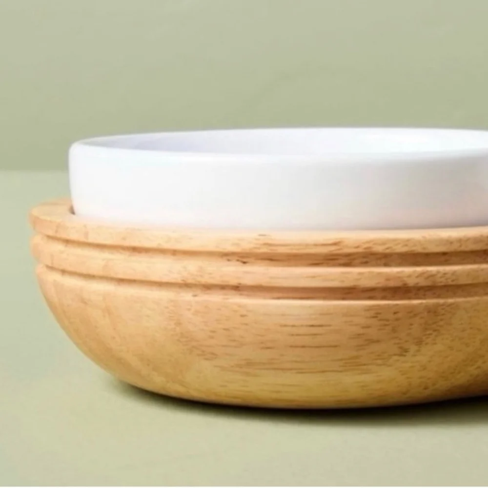 Hearth And Hand Rubberwood Serving Tray With 4 Ceramic Bowls